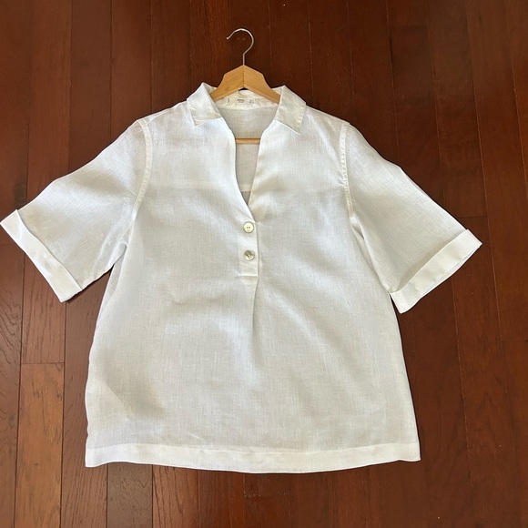 tunic styled Mango White Short-sleeved 100% Linen Shirt size Large - Picture 2 of 7